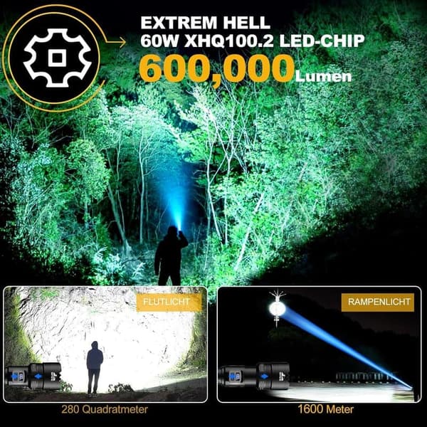 Extreme Helligkeit LED Taschenlampe 600000 Lumen, USB Aufladbar für Outdoor