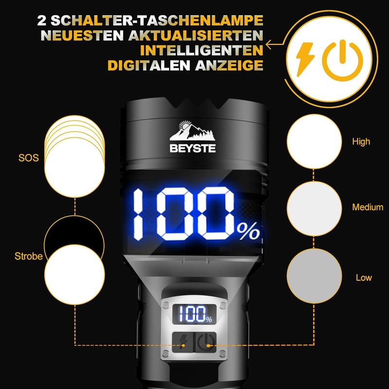 Extreme Helligkeit LED Taschenlampe 600000 Lumen, USB Aufladbar für Outdoor