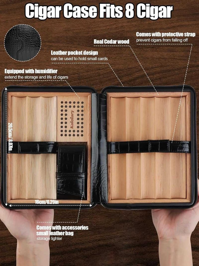 Tragbarer Zigarren-Humidor aus Leder mit Zedernholz für 8 Zigarren