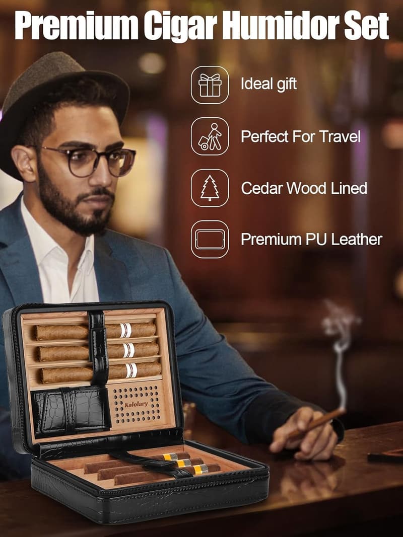 Tragbarer Zigarren-Humidor aus Leder mit Zedernholz für 8 Zigarren