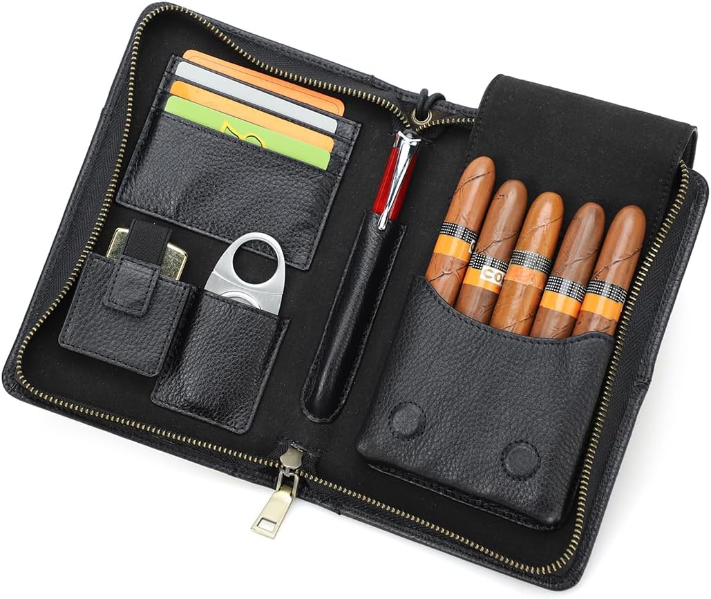 Reise Humidor aus Leder für 5 Zigarren – Multifunktionale Organizer-Tasche schwarz