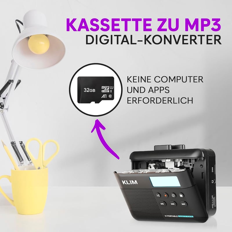 Tragbarer Kassettenrekorder mit Mikrofon und 32GB SD-Karte