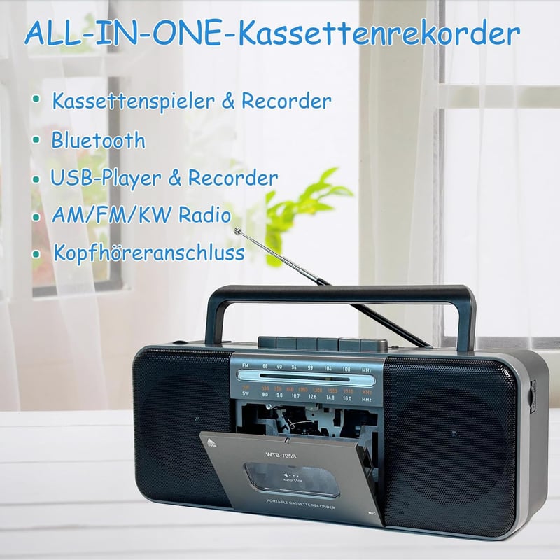 Tragbarer Kassettenrekorder mit Bluetooth und Kassette-zu-MP3-Konverter