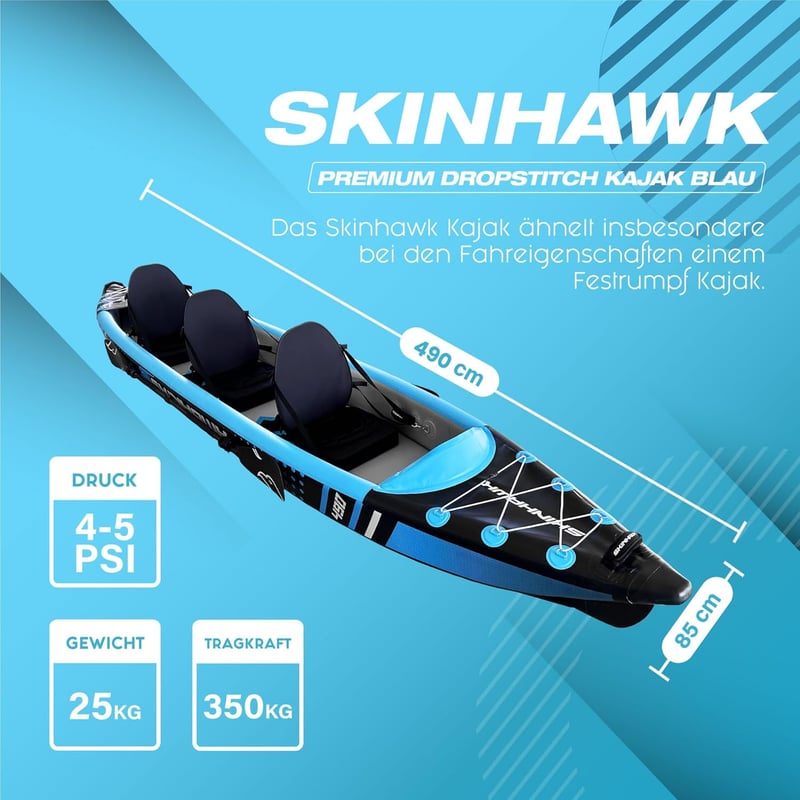 SKINHAWK Premium Aufblasbares Kajak 490 cm in Blau