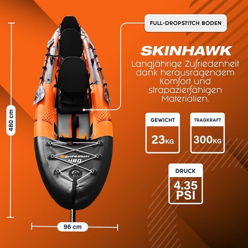 SKINHAWK 480 cm Kajak Set für 3 Personen – Schlauchboot orange