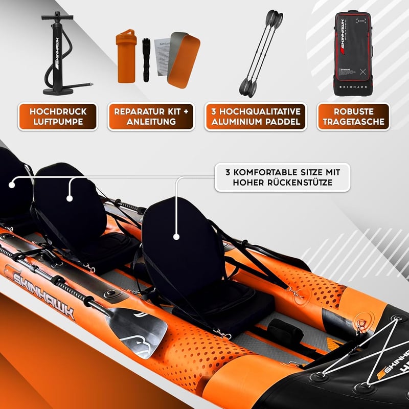 SKINHAWK 480 cm Kajak Set für 3 Personen – Schlauchboot orange