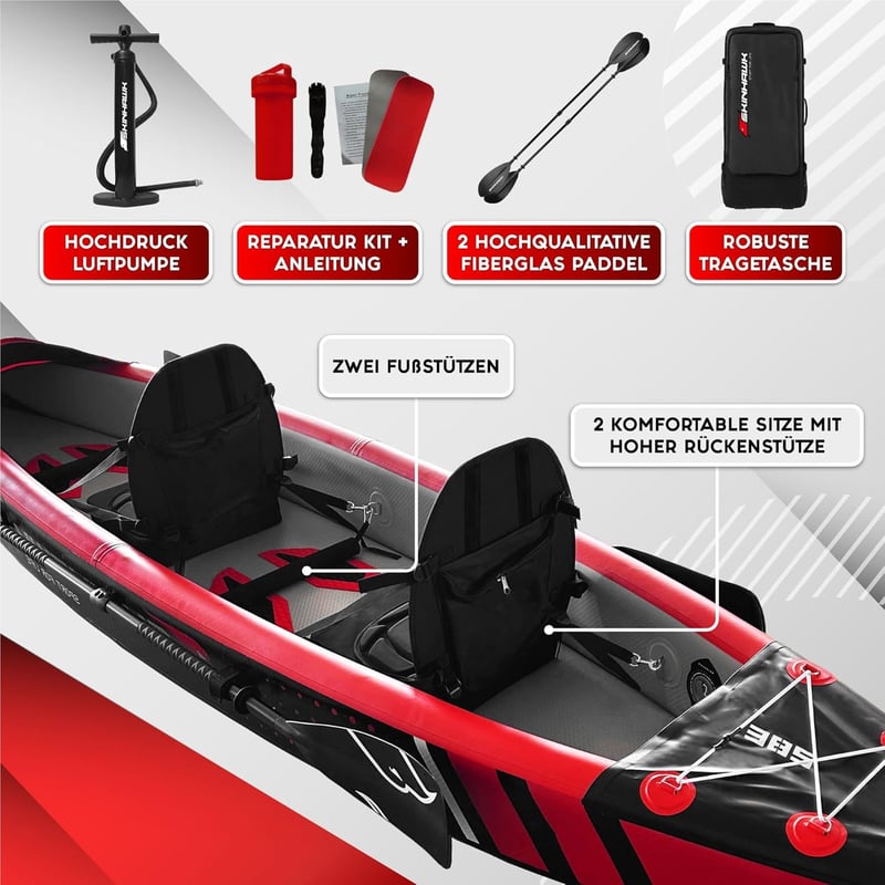 SKINHAWK Kajak 385 cm, aufblasbar, rot, ideal für Abenteuer