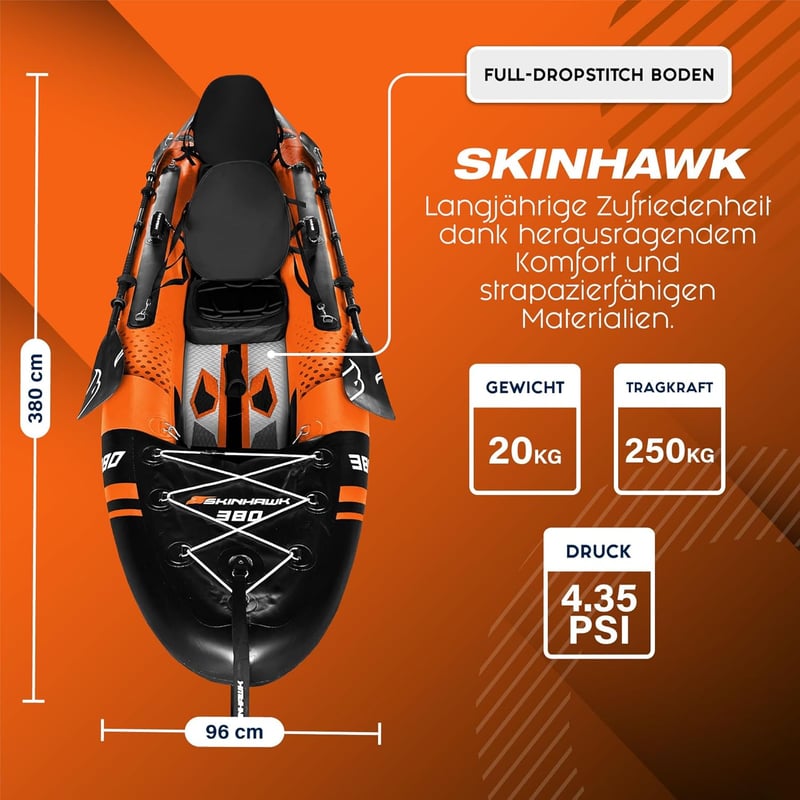 SKINHAWK Orange Kajak Set für 2 Personen – 380 x 96 cm