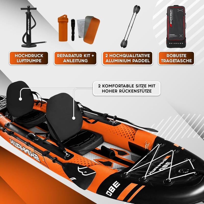 SKINHAWK Orange Kajak Set für 2 Personen – 380 x 96 cm