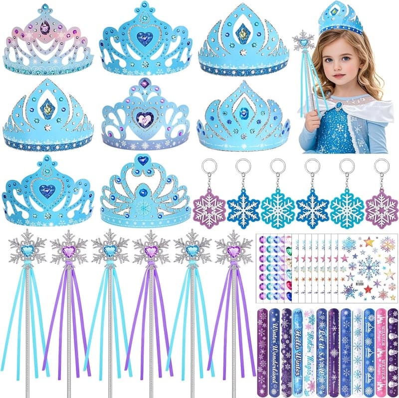 Eiskönigin Elsa Mitgebsel für Kindergeburtstag - Krone, Zauberstab, Armbänder, Sticker, Tattoos
