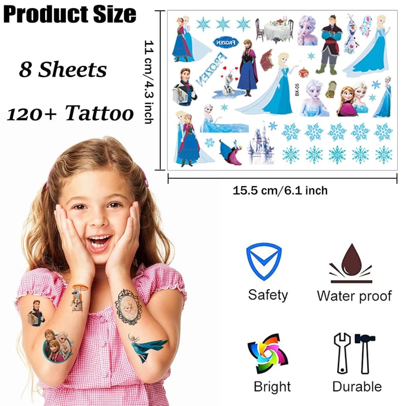 Frozen Temporäre Tattoos für Kinder – 8 Blätter wasserdicht für Geburtstagsgeschenke