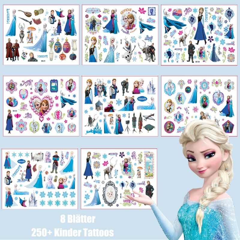 Frozen Temporäre Tattoos für Kindergeburtstag - 8 Blätter, wasserdicht