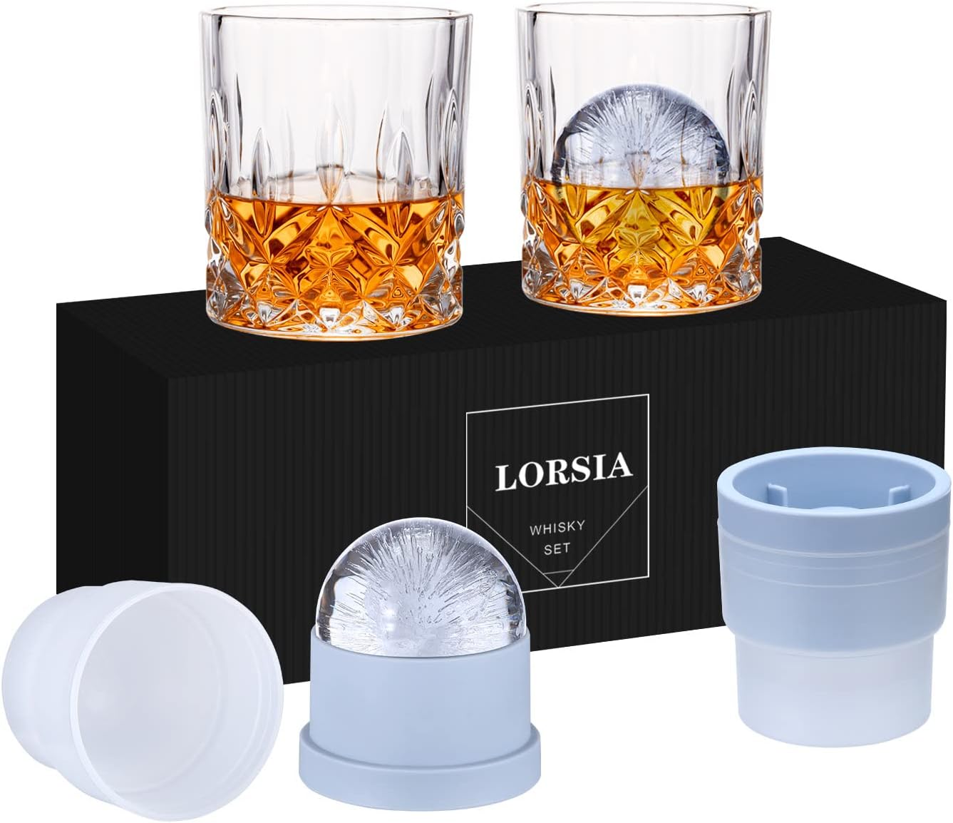 Whiskygläser Set für Männer – 4 kristalline Gläser + Eiskugeln, 300 ml