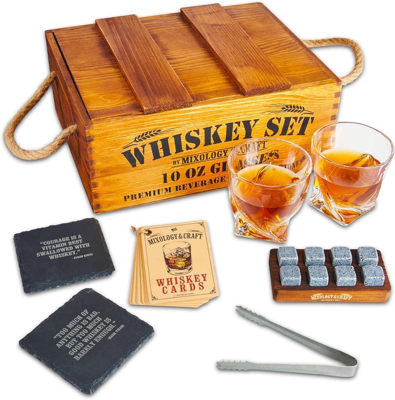 Whiskey Geschenkset mit 2 Gläsern, 8 Granitsteinen und Holzbox für Männer