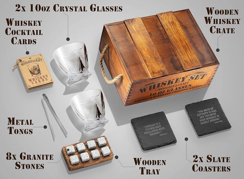 Whiskey Geschenkset mit 2 Gläsern, 8 Granitsteinen und Holzbox für Männer