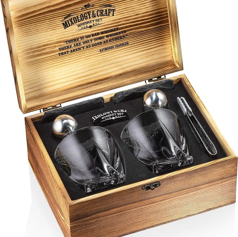 Whiskeyglas-Set mit Edelstahlkugeln in Holzkiste – Elegantes Geschenk für Männer