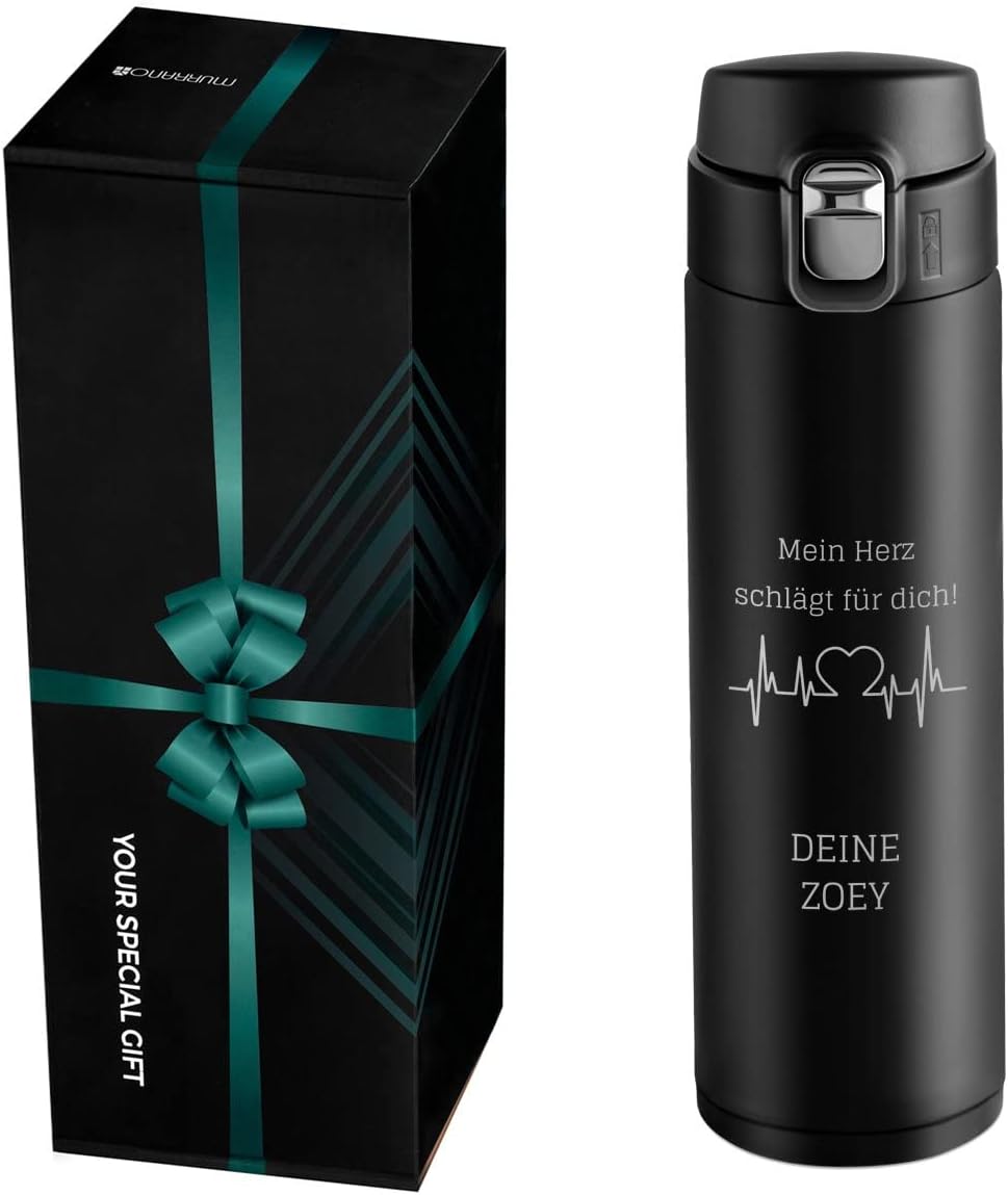 Personalisierte Edelstahl-Trinkflasche 400 ml für Männer - schwarz