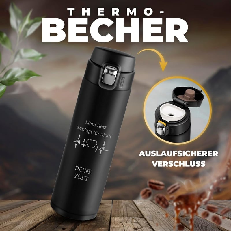 Personalisierte Edelstahl-Trinkflasche 400 ml für Männer - schwarz