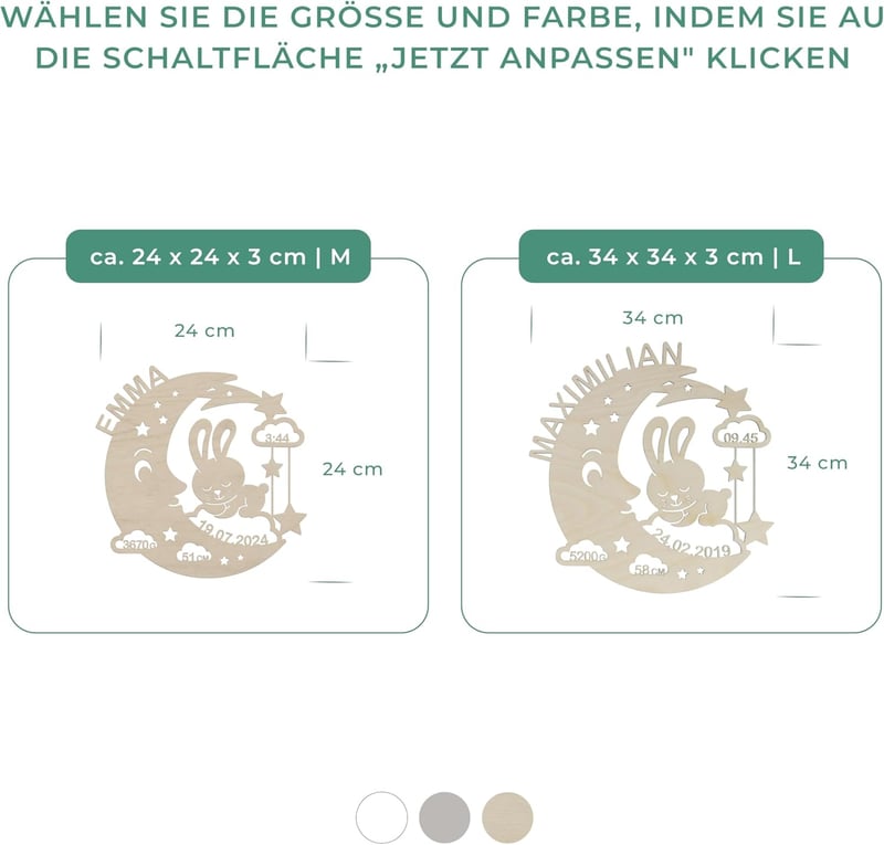 Personalisiertes Schlummerlicht Mond-Hase für Babys zur Geburt und Taufe