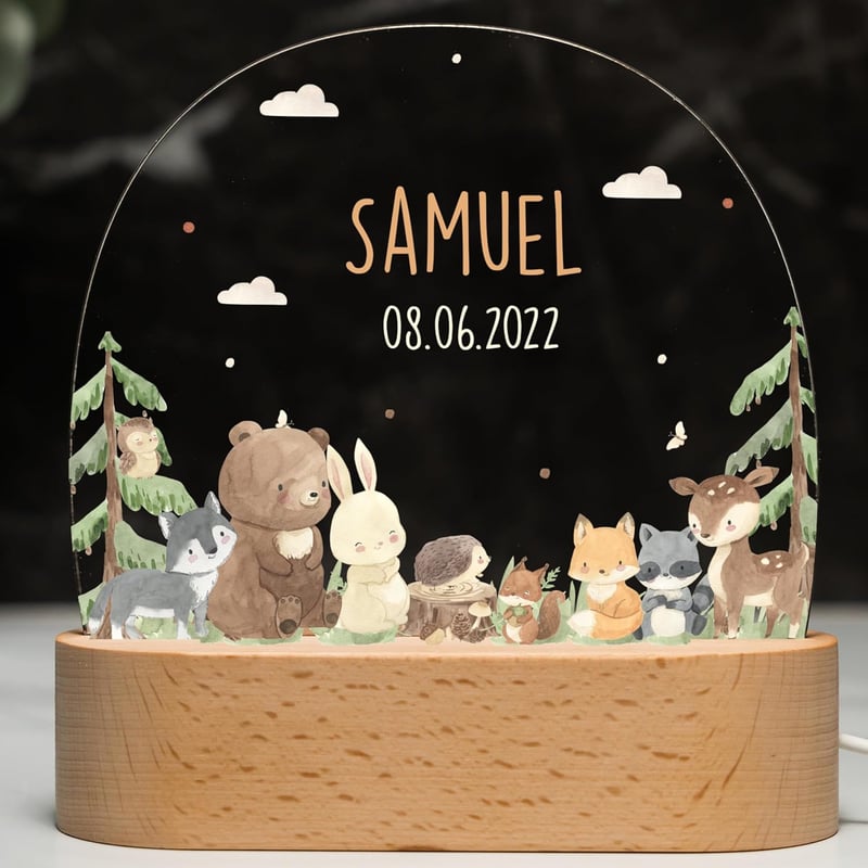 Personalisierte Nachtlampe mit Wunschnamen für Kinder - Niedliches Tiermotiv, dimmbar, ideal zur Taufe oder Geburt