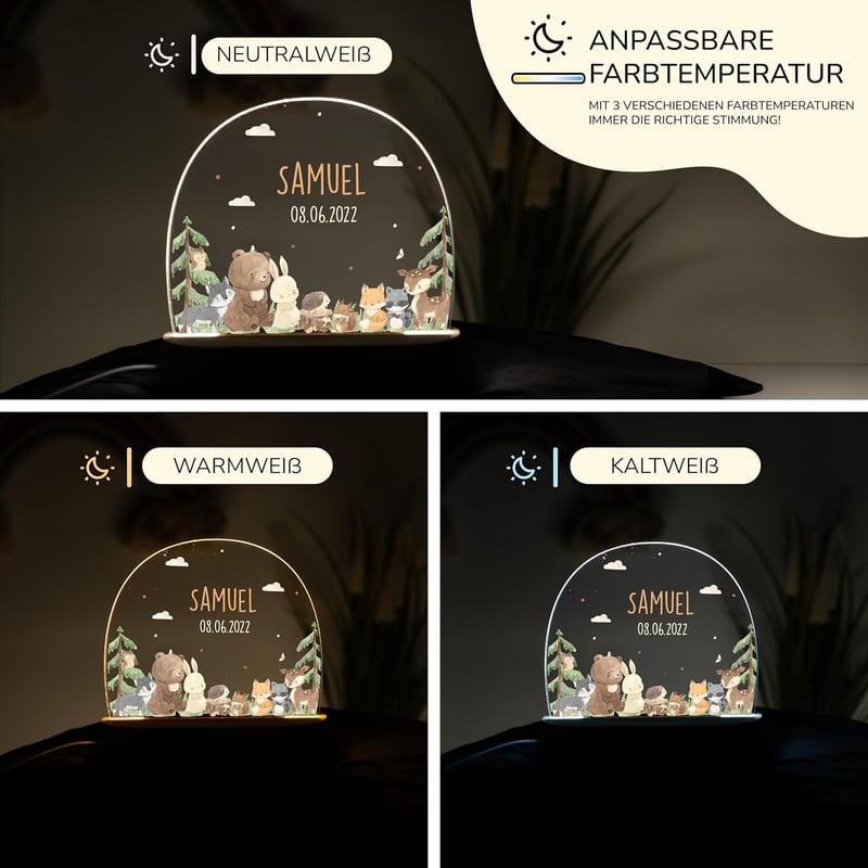 Personalisierte Nachtlampe mit Wunschnamen für Kinder - Niedliches Tiermotiv, dimmbar, ideal zur Taufe oder Geburt