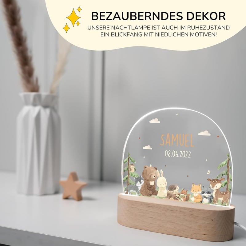 Personalisierte Nachtlampe mit Wunschnamen für Kinder - Niedliches Tiermotiv, dimmbar, ideal zur Taufe oder Geburt