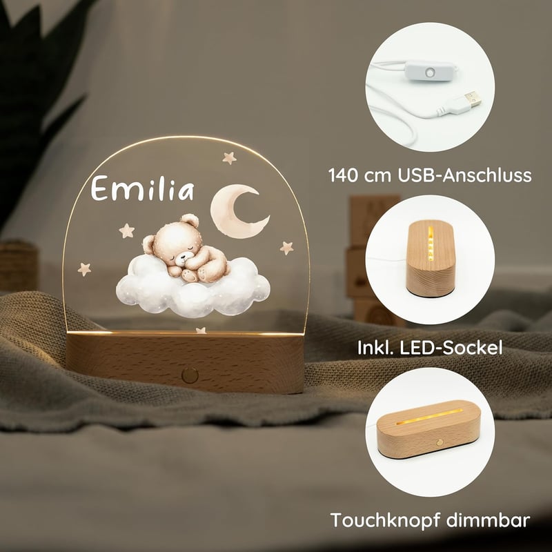 Personalisierte Nachtlampe Bär für Mädchen zur Geburt