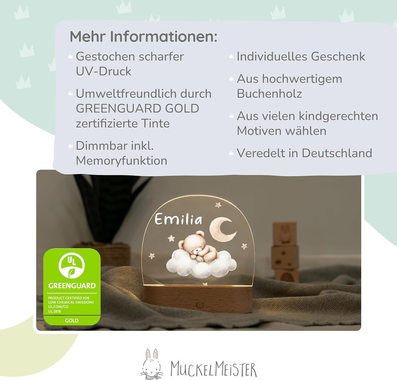 Personalisierte Nachtlampe Bär für Mädchen zur Geburt