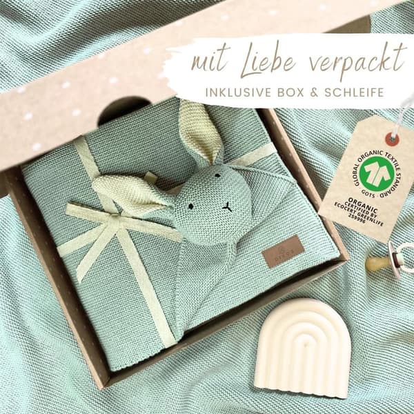 Babydecke & Kuscheltuch SCHMUSE-Hase (Mint) aus Bio-Baumwolle – Geschenk zur Geburt