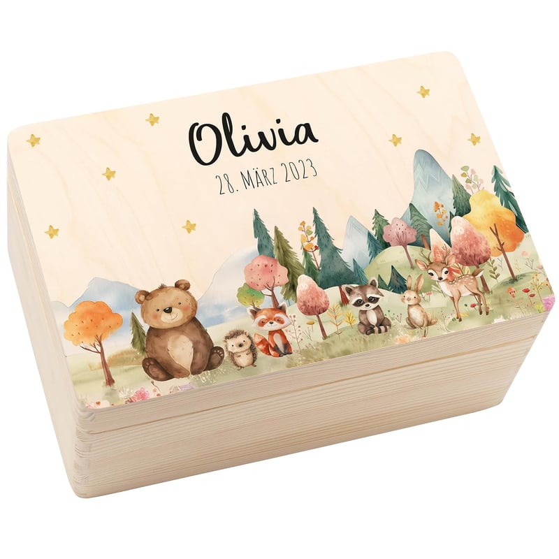 Personalisierte Erinnerungsbox aus Holz zur Geburt - 30x20x14cm