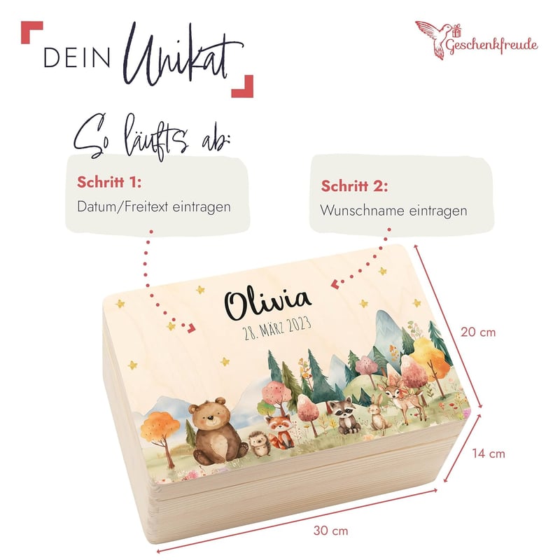 Personalisierte Erinnerungsbox aus Holz zur Geburt - 30x20x14cm