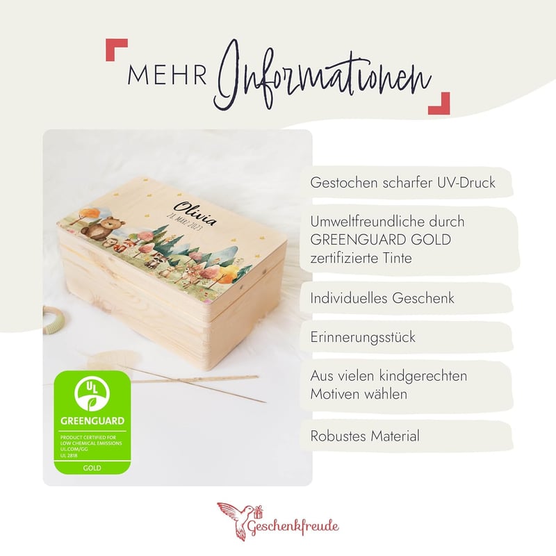 Personalisierte Erinnerungsbox aus Holz zur Geburt - 30x20x14cm