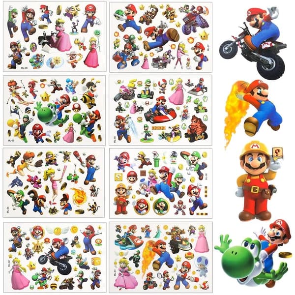 Wasserdichtes Super Mario Tattoo Set für Kinder - 8 Blätter Geburtstagsgeschenk