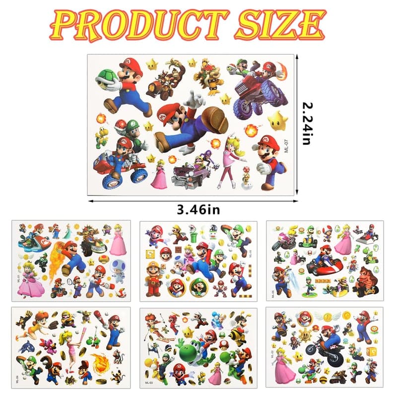 Wasserdichtes Super Mario Tattoo Set für Kinder - 8 Blätter Geburtstagsgeschenk