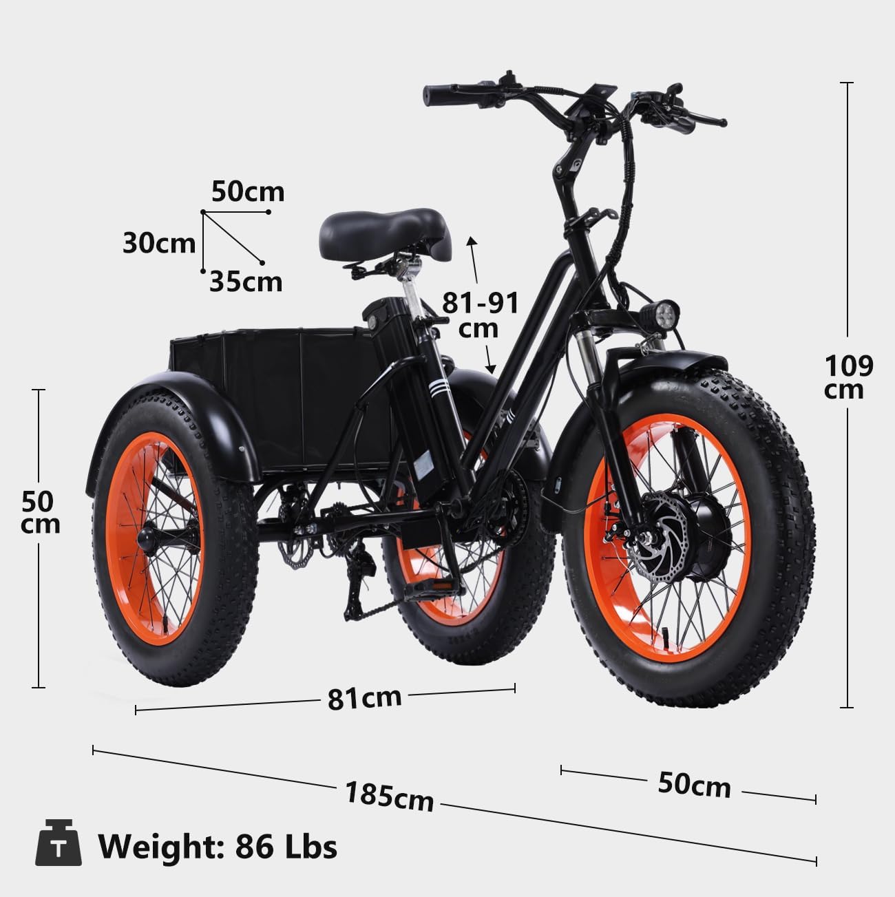 Elektrisches Dreirad für Erwachsene, 70 km Reichweite, 150 kg Tragfähigkeit
