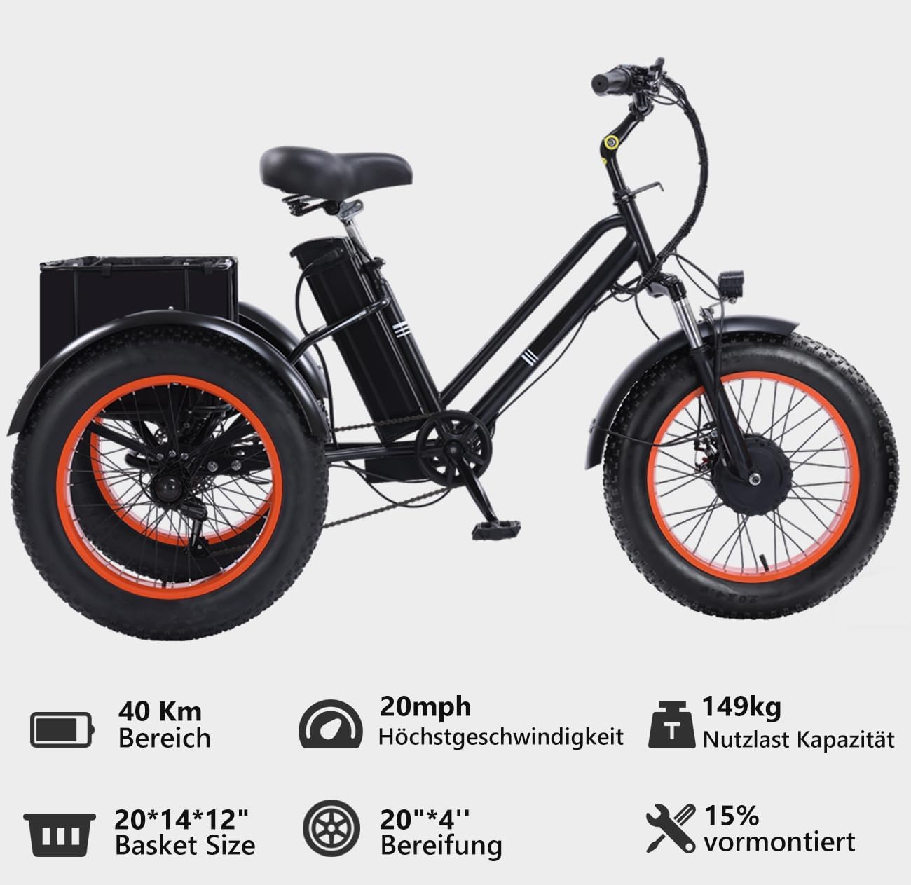 Elektrisches Dreirad für Erwachsene, 70 km Reichweite, 150 kg Tragfähigkeit