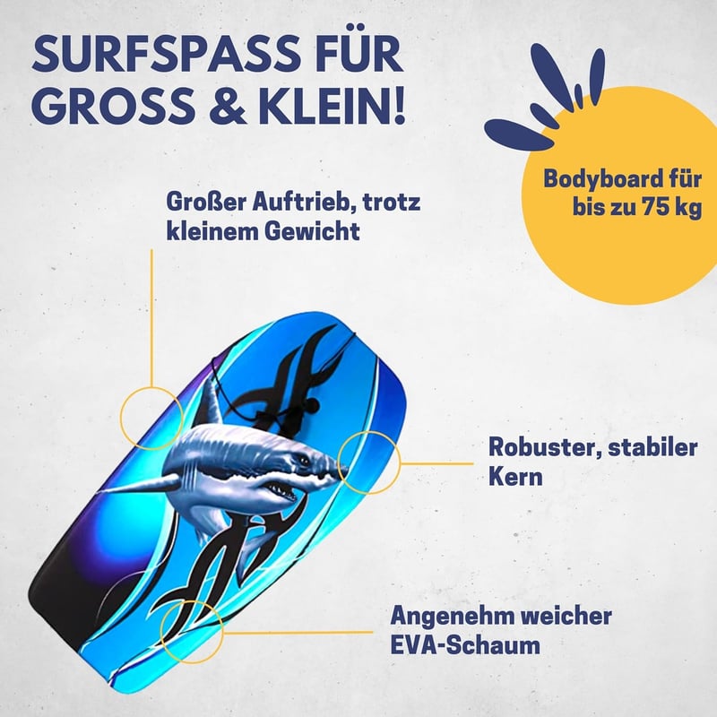 Kinder Bodyboard – Leichtes Surfbrett mit Leash, 92 x 46 x 5 cm