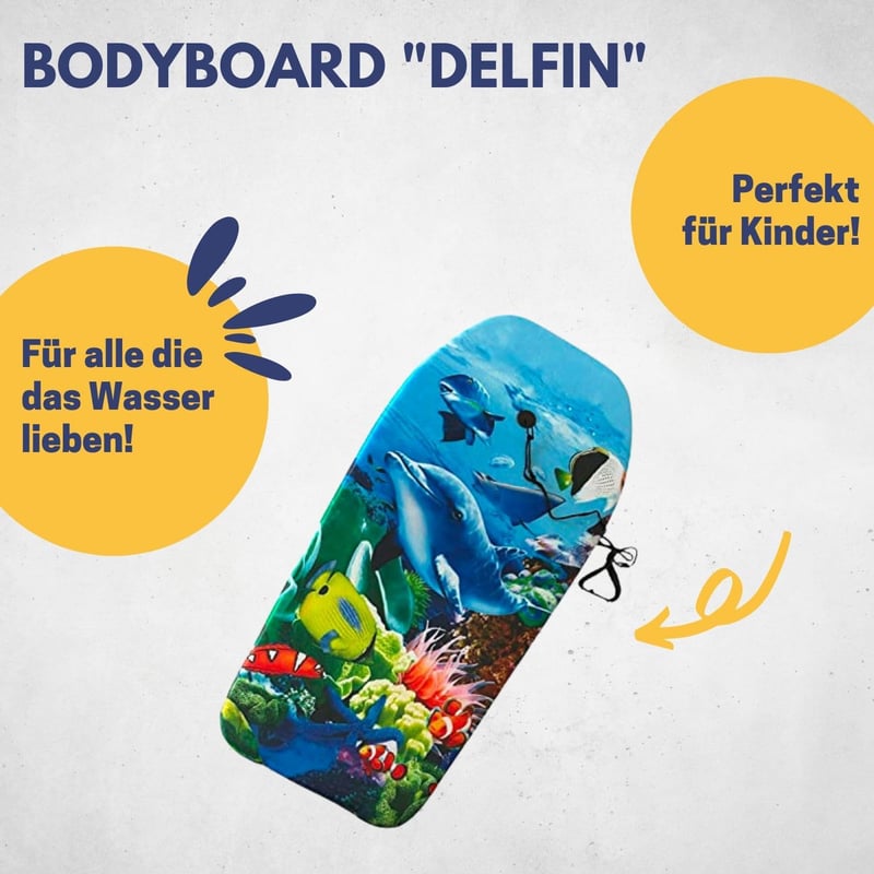 Kinder Bodyboard – Leichtes Surfbrett für Strand und Schwimmbad | 92 x 46 x 5 cm | Inkl. Leash