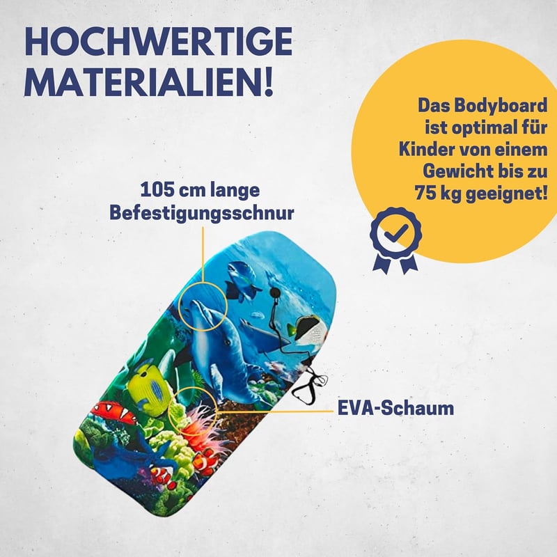 Kinder Bodyboard – Leichtes Surfbrett für Strand und Schwimmbad | 92 x 46 x 5 cm | Inkl. Leash