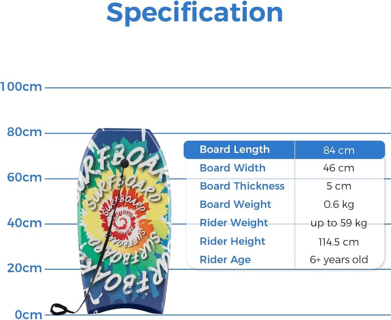 Halbmond Bodyboard für Erwachsene und Kinder, Blau, 84 x 46 cm, 59 kg Tragkraft