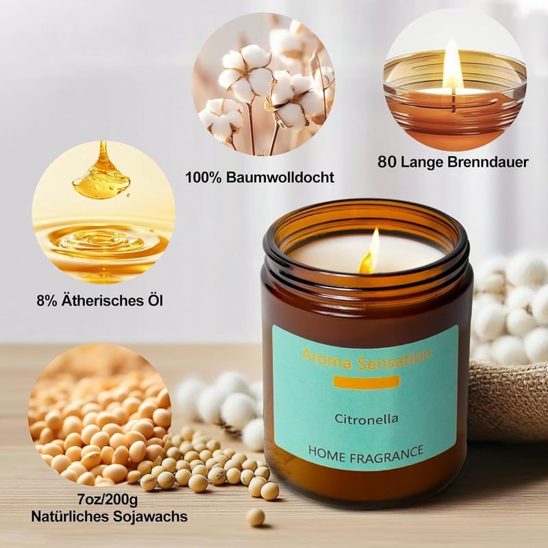 Zitronengras Duftkerze im Glas – 200g Sojawachs, 80 Std Brenndauer
