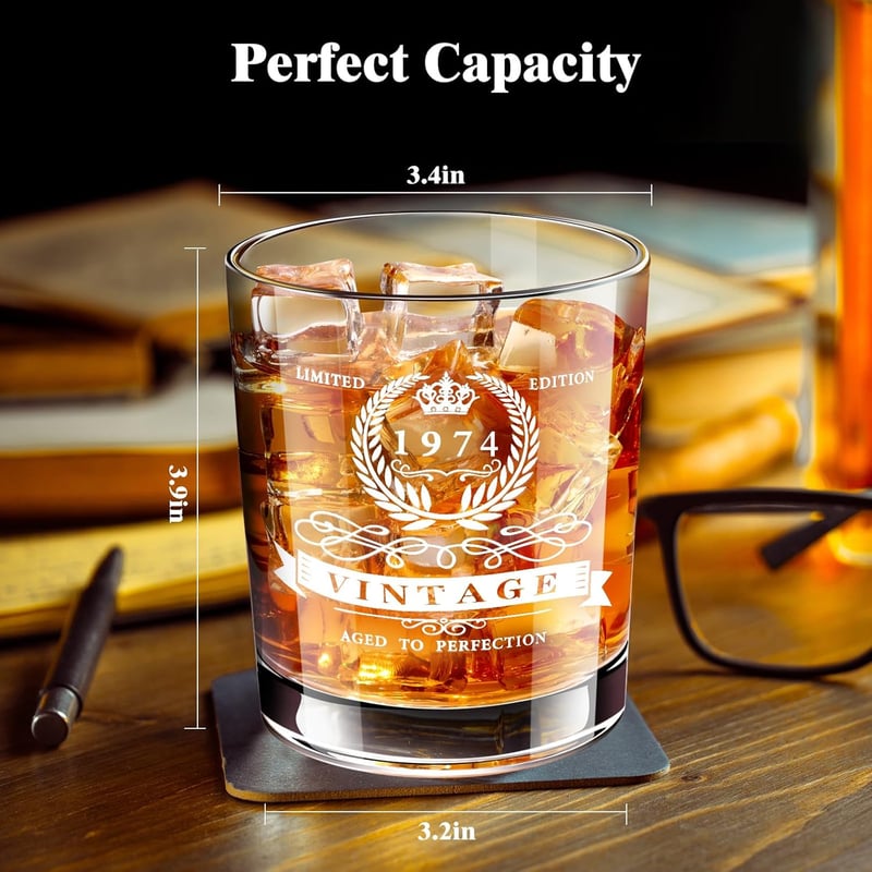 Whiskeyglas mit Holzbox zum 50. Geburtstag für Männer, 340 ml, graviert