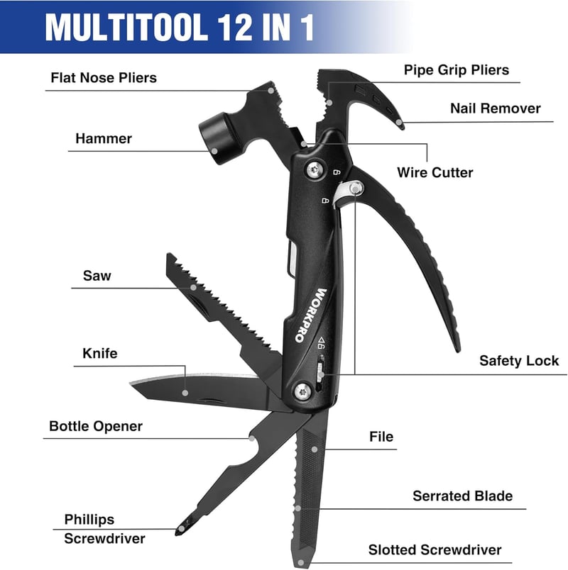 WORKPRO 12-in-1 Multitool Hammer mit Tasche für Camping und Feiertage