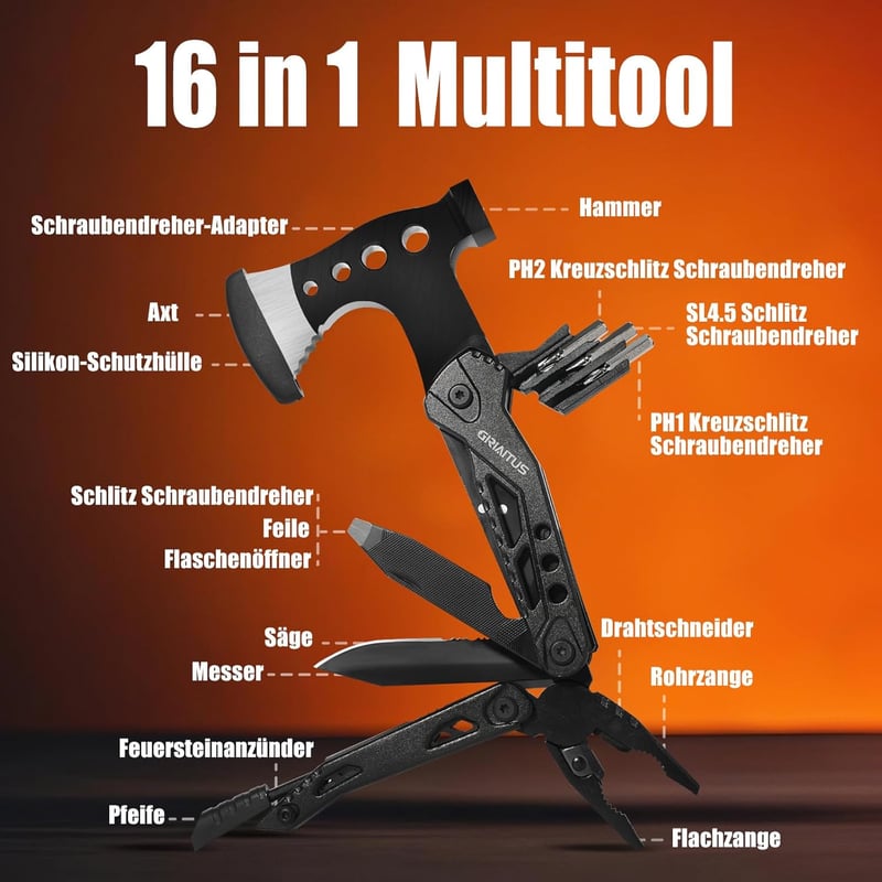 Multitool 16in1 für Männer – ideales Vatertagsgeschenk mit Axt, Hammer, Zange und mehr