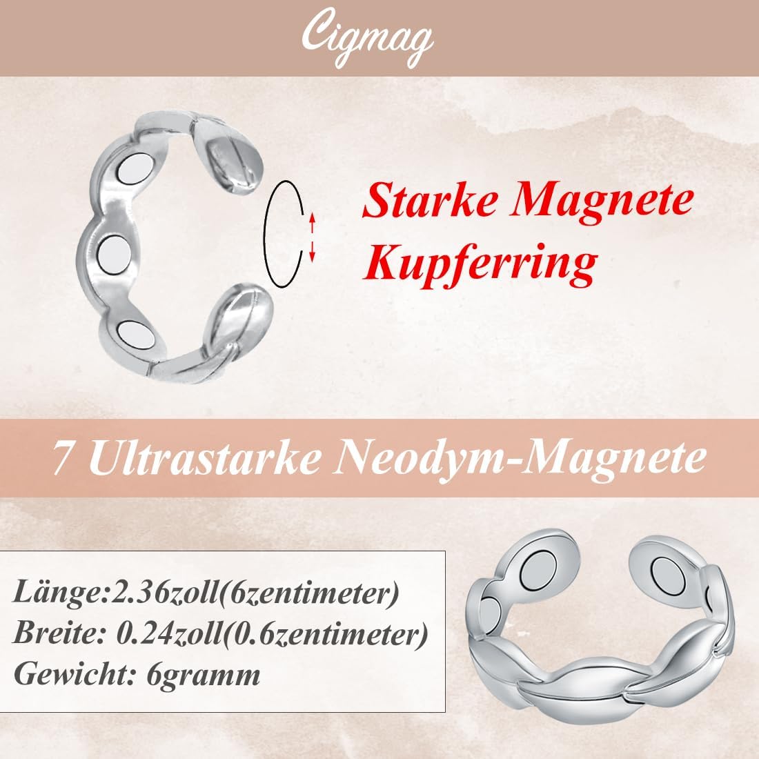 Verstellbare Magnetringe zur Lymphdrainage für Frauen, 99% Kupfer, 2er Set