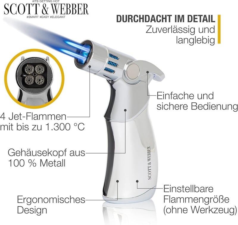 Sturmfeuerzeug mit 4 Jetflammen - Nachfüllbares Metallfeuerzeug 1300°C