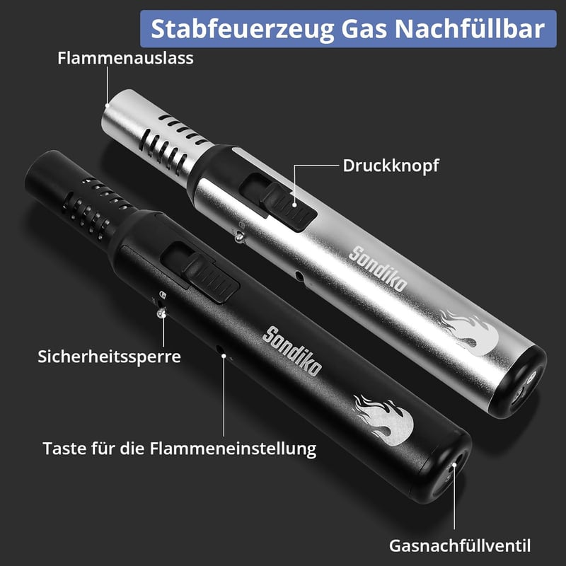 Sondiko Jetflamme Stabfeuerzeug 2er Set, nachfüllbar, schwarz/silber