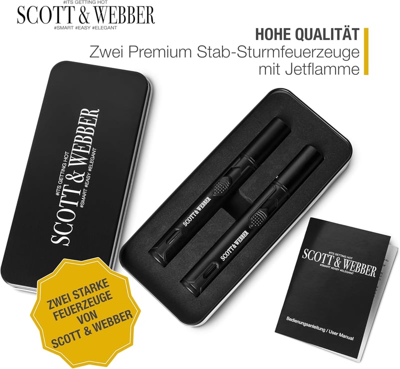 Scott & Webber® Sturmfeuerzeug mit Jetflamme - 2er Set in edler Geschenkverpackung