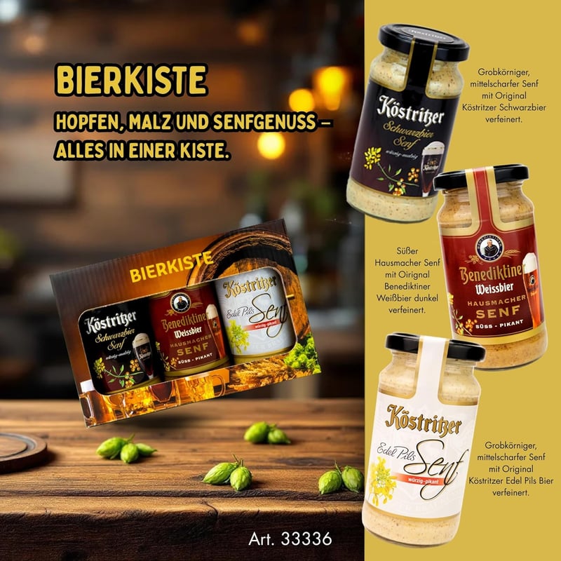Geschenk-Set mit drei Bier-Senfsorten für Männer und Frauen