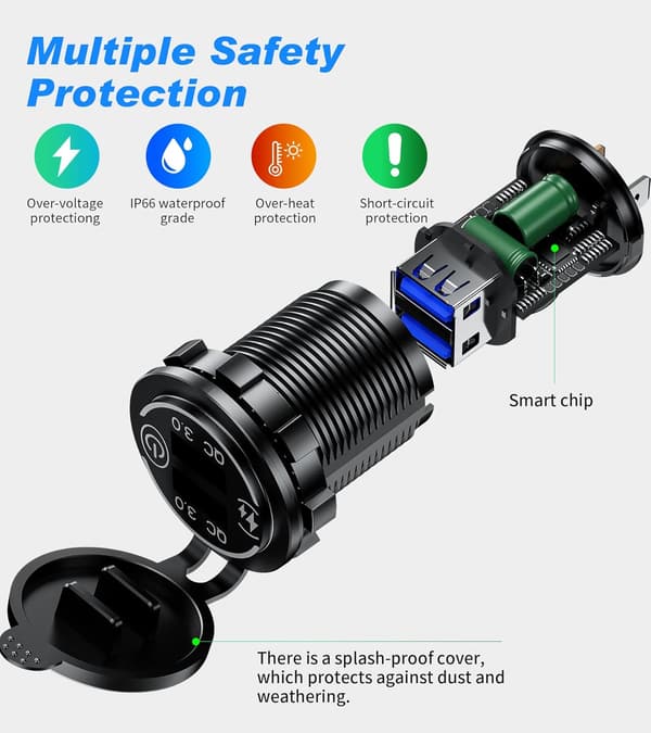 USB Schnelllade-Steckdose 12V/24V für Motorrad und Boot, wasserdicht